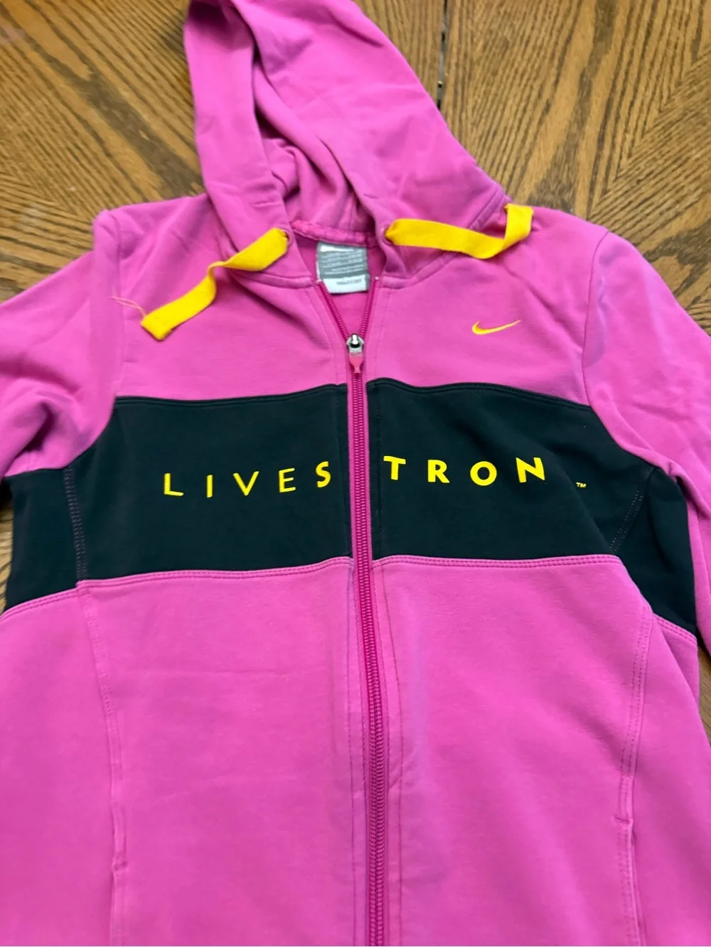 Nike Kids' Pink Hooded Zip Jacket with Black Panel and Yellow Accents
